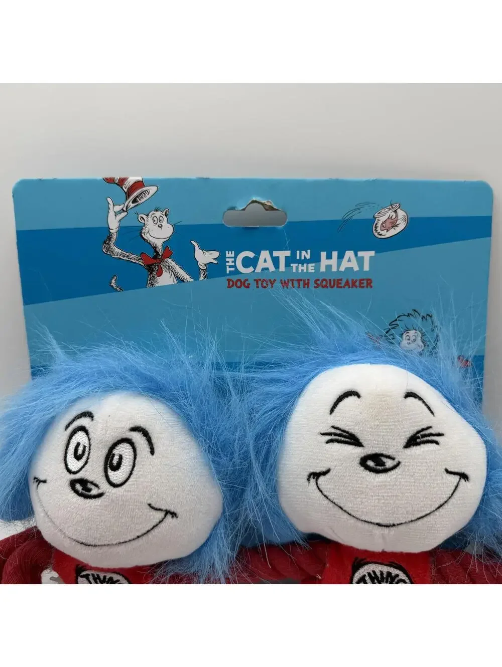 Dr Seuss The Cat in the Hat Thing 1 Thing 2 Plush Dog Toy With Squeaker Rope